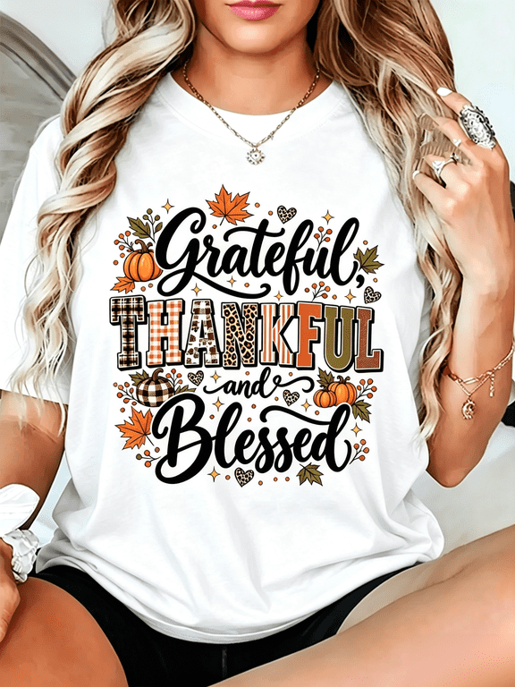 Grateful Thankful and Blessed T-Shirt Fall Pumpkin Maple Leaf Leopard Plaid Graphic Tee for Women