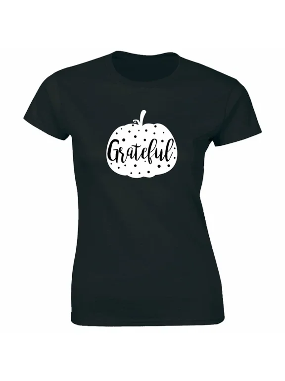 Grateful With Polka Dot Pumpkin Image Short Sleeve Black Women Phrase Suited To Casual Events And Everyday Wear T-Shirt, Size S-5XL