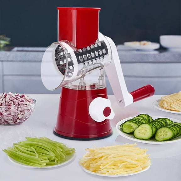 Grater, Cheese Grater Hand Crank, Rotary Cheese Grater Shredder, Kitchen Manual Mandolin Safe Grinder with 3 Interchangeable Blades for Carrot, Hashbrown, Garlic, Walnut, Potato, Chocolate (Red)