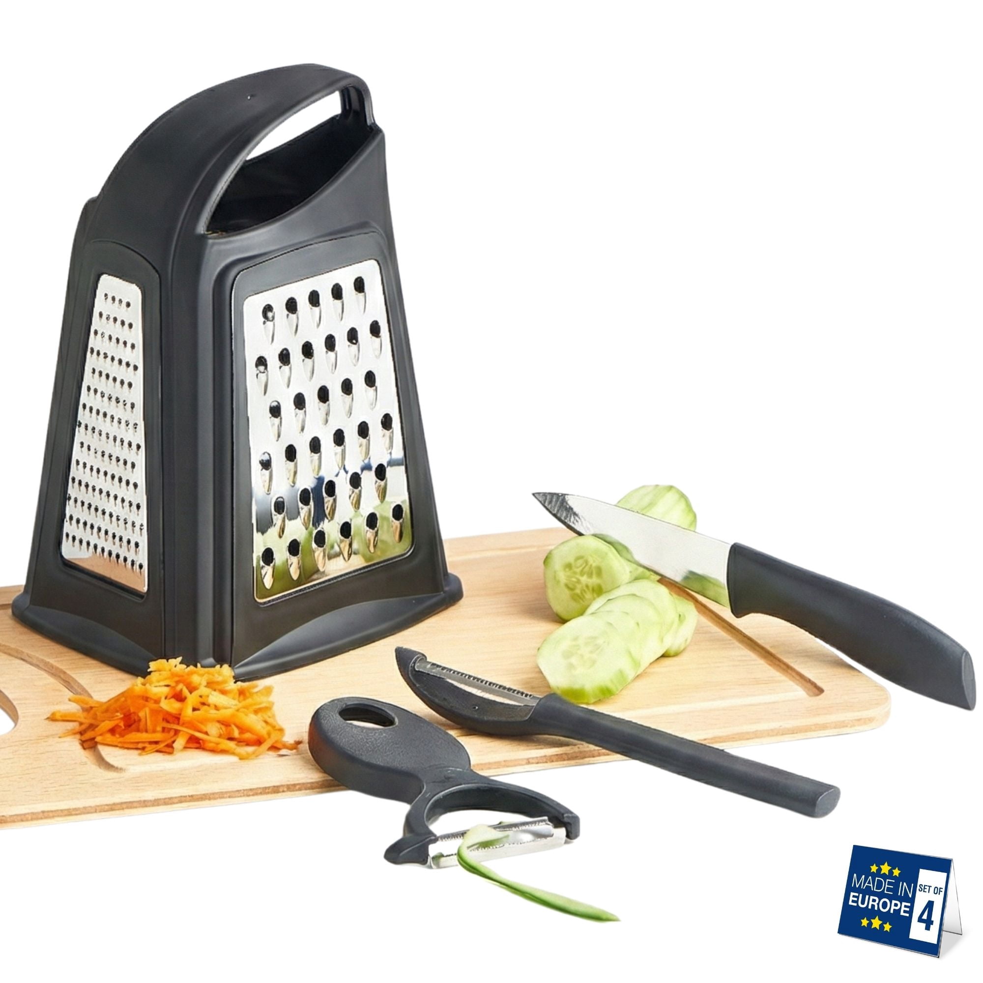 Grater, Chop and Peel Set of 4, Handheld Grater, Y&I Shaped Peeler and Blade, Black