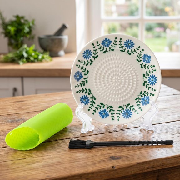Grater Plate Bowl, 4PCS Ceramic Grater Set, Handmade Pottery Grinding Bowl with 4.6" Plate, Peeler, Brush & Stand, for Garlic Ginger Cheese Tomato, Home Kitchen Gift