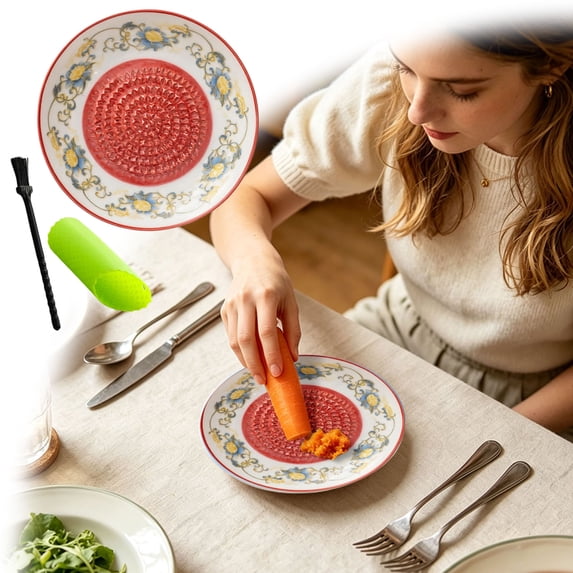 Grater Plate Bowl, Ceramic Grater Set, Handmade Pottery Grinding Bowl With 4.6X0.7" Plate, Peeler, Brush & Stand, For Garlic Ginger Cheese Tomato, Home Kitchen Gift Happy 2026!