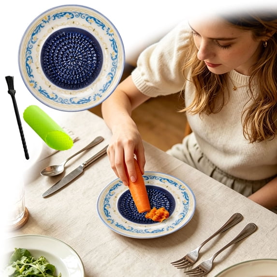Grater Plate Bowl, Ceramic Grater Set, Handmade Pottery Grinding Bowl With 4.6X0.7" Plate, Peeler, Brush & Stand, For Garlic Ginger Cheese Tomato, Home Kitchen Gift Happy 2026!