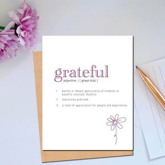 Gratitude Card  "Grateful" Definition Design  Inspirational Greeting Card for Expressing Appreciation  Blank Inside with Envelope Included