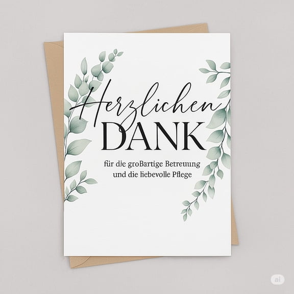 Gratitude Card for Thank You – Elegant “Herzlichen Dank” Design with Natural Leaves – Envelope Included, Blank Inside – Perfect for Caregivers and Special Thanks