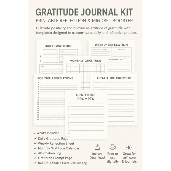 Gratitude Journal Kit  Printable Reflection & Mindset Booster