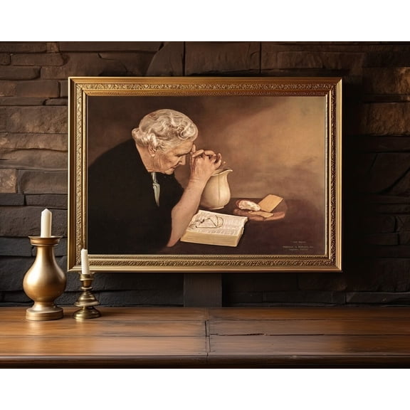 Gratitude Old Woman Praying Over Bread Pray To God Art Design 2, Unframed Canvas 8x10in