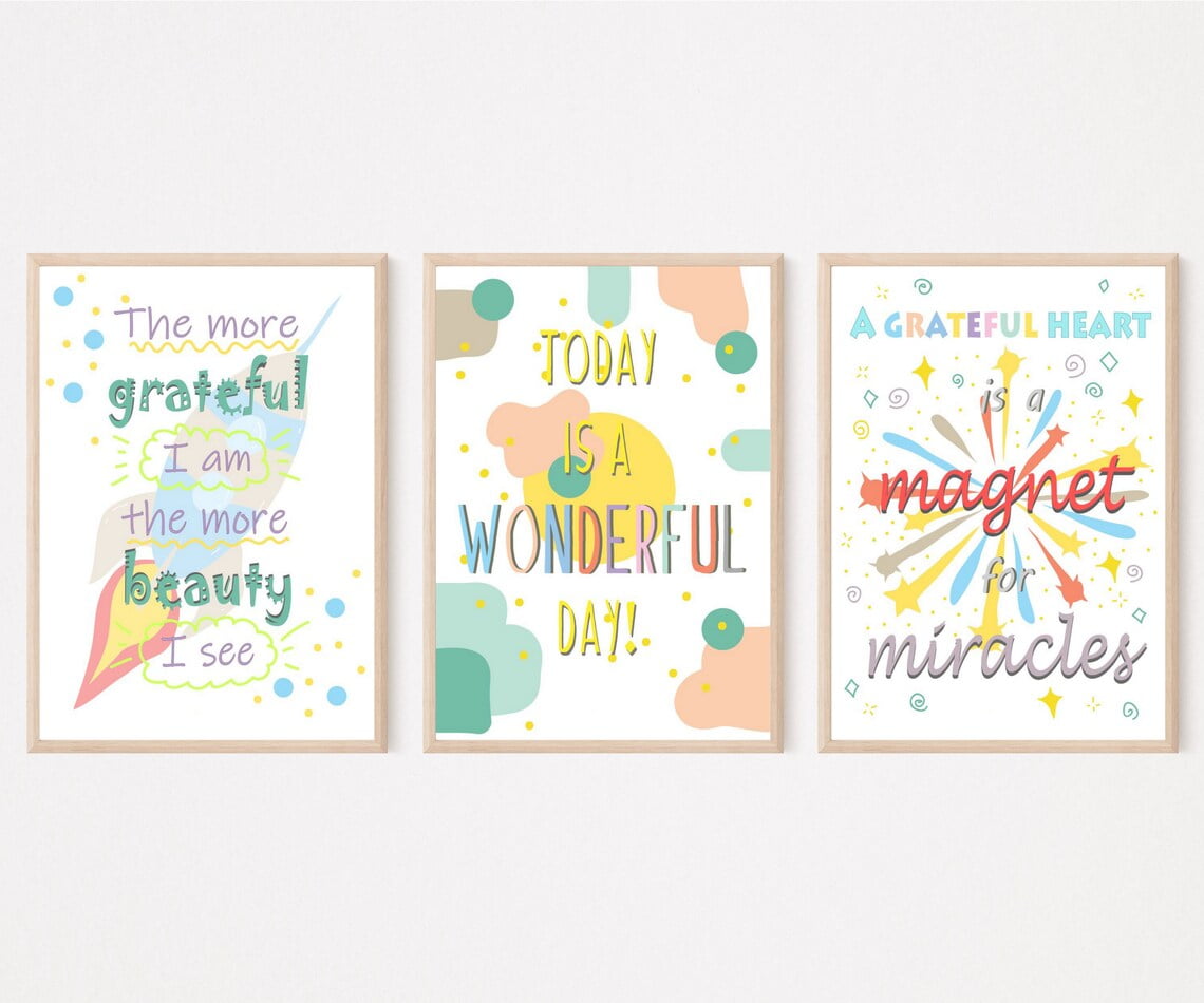 Gratitude Poster, Set of 3 Wall Hangings, Kids Playroom Decor