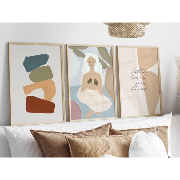 Gratitude Quote Boho Aesthetic 3 Yoga Salon Posters Pastel Beauty Salon Posters Meditation Wall Art Trendy Abstract Woman Meditating Art Printed Poster, Poster Only