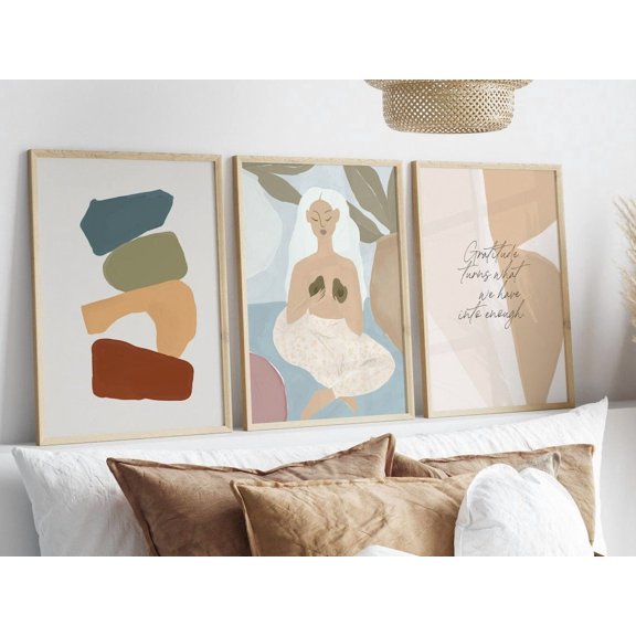Gratitude Quote Boho Aesthetic Yoga Salon Posters Pastel Beauty Salon Posters Meditation Wall Art Trendy Abstract Woman Meditating Art, Stretched Canvas