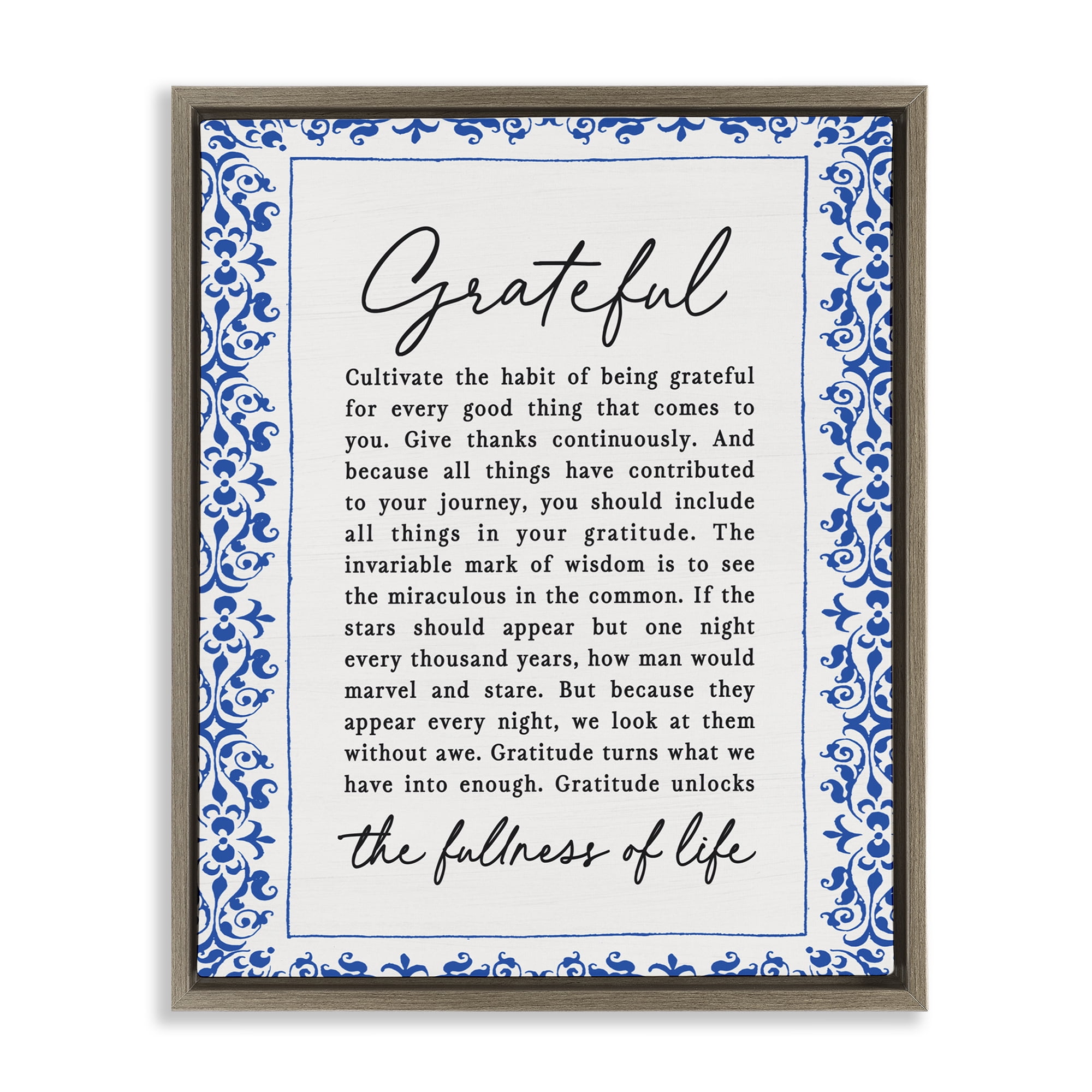 Gratitude Unlocks Fullness Of Life Brown Framed Floater Canvas Wall Art, design by Lettered and Lined