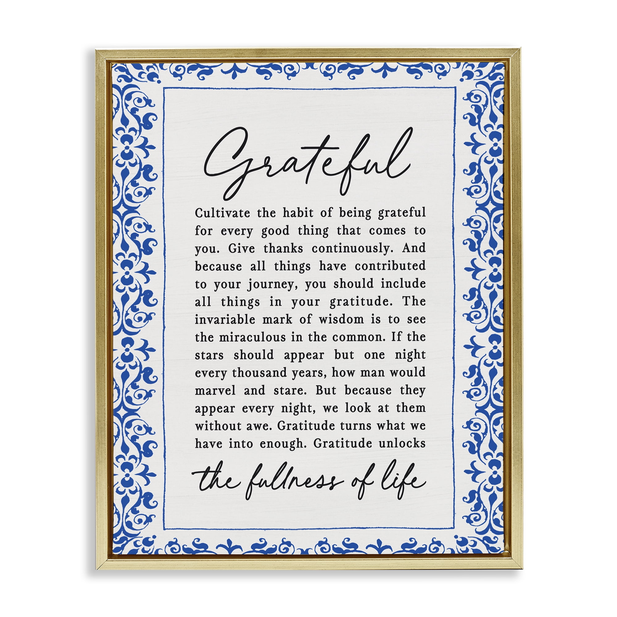 Gratitude Unlocks Fullness Of Life Gold Framed Floater Canvas Wall Art, design by Lettered and Lined