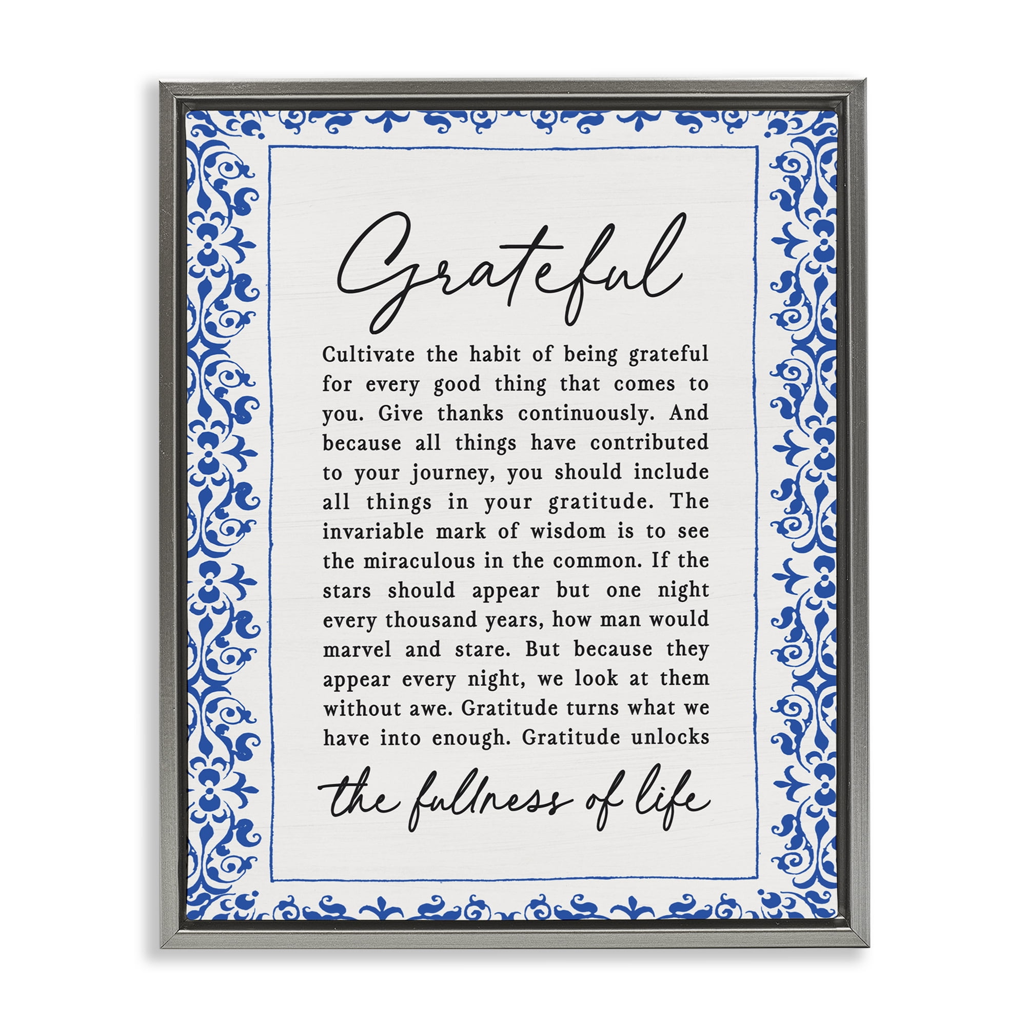 Gratitude Unlocks Fullness Of Life Gray Framed Floater Canvas Wall Art, design by Lettered and Lined