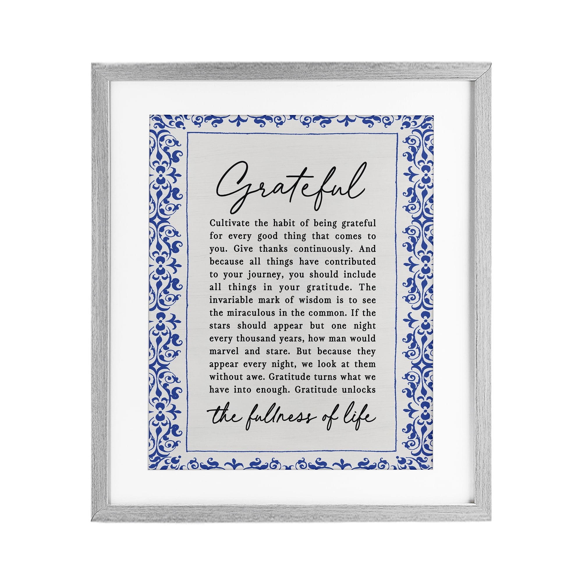 Gratitude Unlocks Fullness Of Life Gray Framed Print Under Glass, design by Lettered and Lined