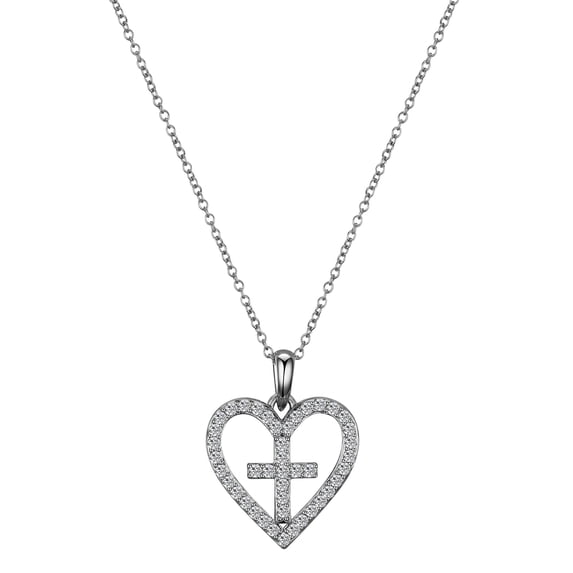 Gratitude and Grace Fine Silver Plated Cubic Zirconia Heart Cross Pendant Necklace