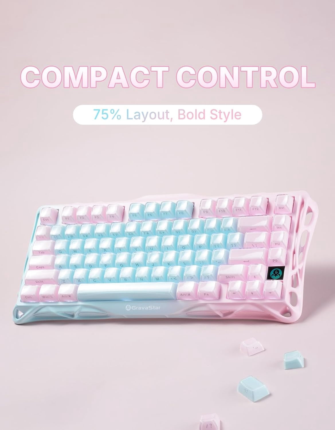 GravaStar Mercury K1 Lite 75% Gaming Keyboard, 2.4GHz/BT/Wired Tri-Mode Wireless Keyboard, Gasket Hot Swappable Mechanical Keyboard, Pre-lubed Linear Switches, Jelly Keycaps, RGB Backlit-Aurora Mist