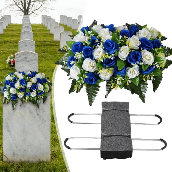 Grave Decor Flower Saddle – 36 Fake Roses for Headstone, Easy-Stake Legs, Windproof, All-Weather Memorial Flowers for Cemetery, Memorial Day, Funeral Remembrance
