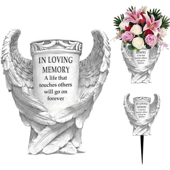 ROLITOTE Cemetery Vase for Grave, Headstone Flower Holder with Ground Spike, Resin Grave Vase for Outdoor Flowers, Weatherproof, Angel Wings Design