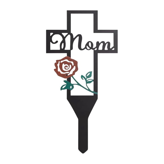 Grave Decorations for Cemetery, Heart-Shaped Metal Cemetery Memorial Plaque with Red Roses & Butterfly, Weather-Resistant Iron Grave Marker, Mom E