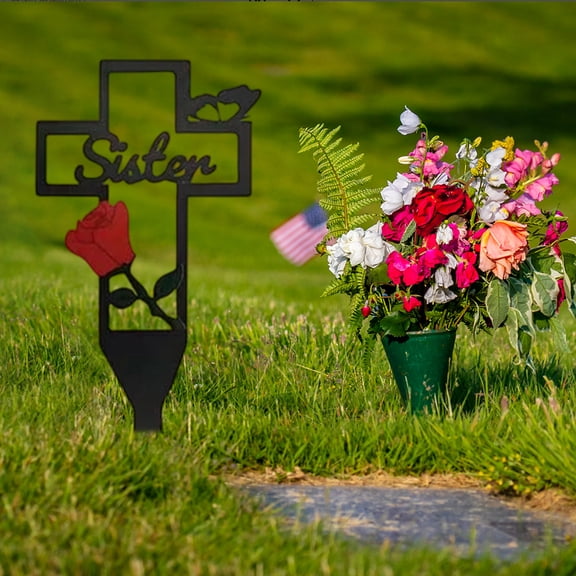 Grave Decorations for Cemetery Metal Outdoor Decor Red Artificial Flowers Lawn Stake 1 Pc in Loving Memory Sympathy Tribute for Sister Gravesite