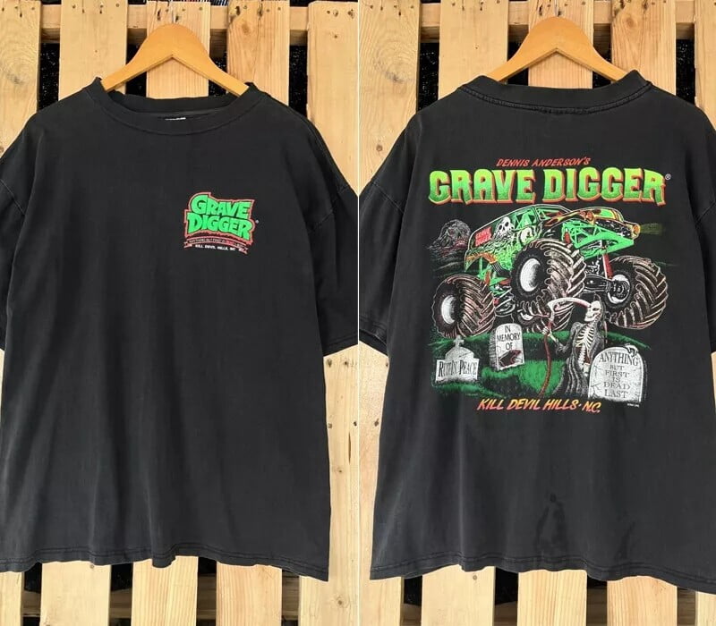 Grave Digger 2 Sided 90s Basic Black Reprint T shirt Classic Style For ...