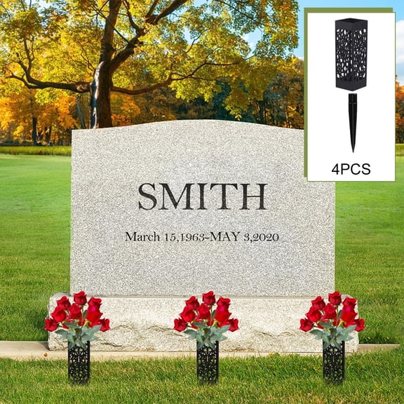 Grave Marker Flower Rack Ground Memorial Tombst Vase Black Artificial Flower 4pcs