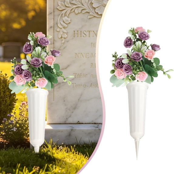 Grave Memorial Flowers – Artificial Rose Bouquet with Vase for Cemetery, Outdoor Headstones Decoration for Memorial Day & Funeral Services