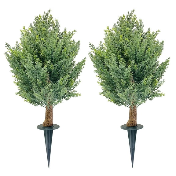 Gravee 2 Pcs 24" Artificial Cypress Topiary Ball Trees with Ground Spike,  Artificial Shrubs Bushes Fake Evergreen Plants UV Resistant for Indoor Outdoor Front Porch Garden Decor