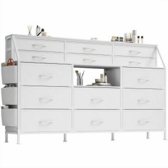 Gravee Wooden Storage Cabinet for Bedroom with 14 Drawers, 55" w Dresser with Side Pocket, Fabric Dressers & Chests of Drawers with Shelves, Sturdy Frame