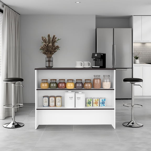 Gravette Kitchen Island, 3 Shelves, White / Dark Walnut