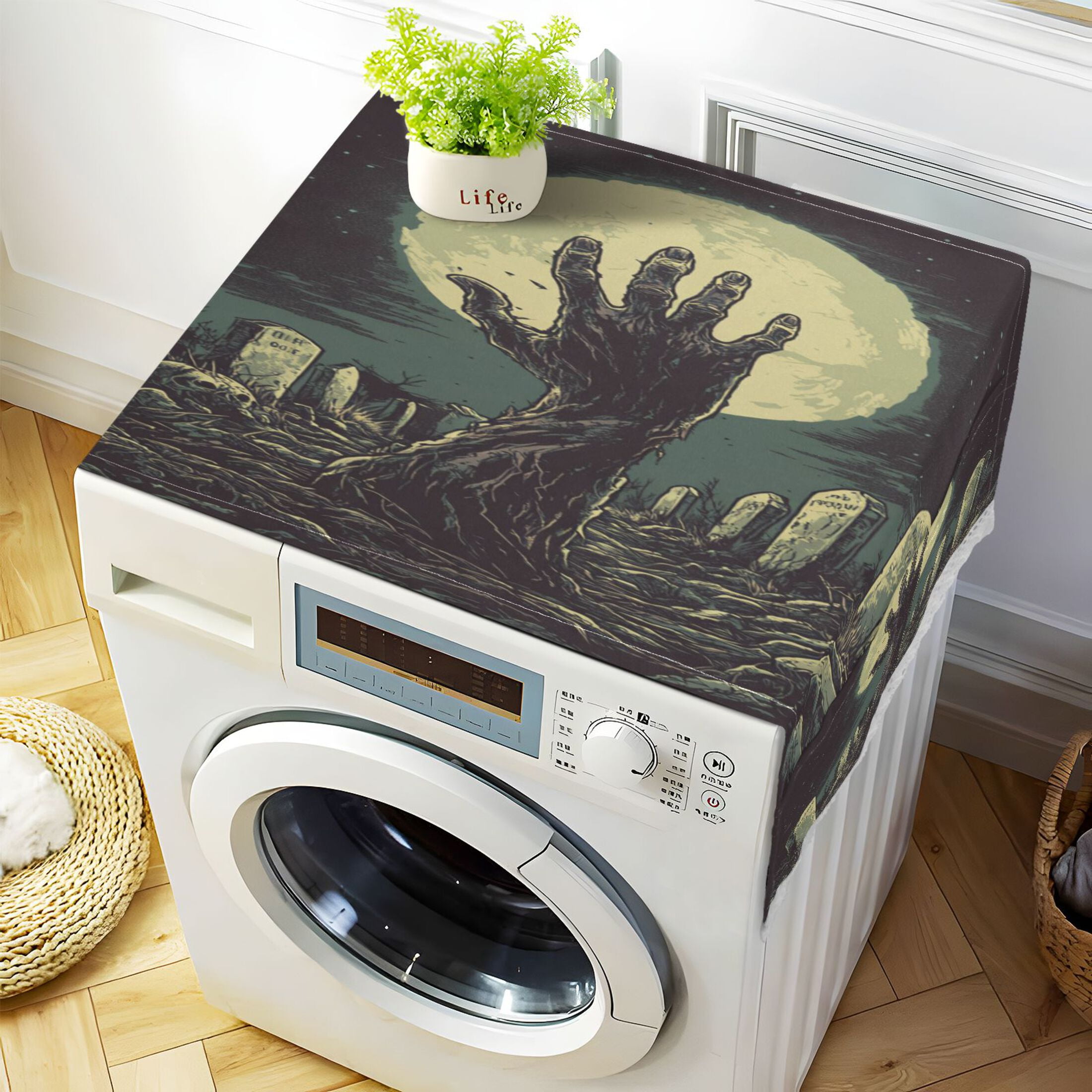 The Graveyard Of HorrorsWasher and Dryer Covers Dust-Proof and Oil Resistant Fridge Cover with 4 Storage Pockets Washing Machine Top Cover for Laundry Kitchen Home 51.2 x 22 In