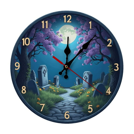 Graveyard Moon Flower Wall Clock 10 Inch Silent Non Ticking Round Wooden Clock Decoration for Living Room Kitchen Bedroom Bathroom Office Classroom