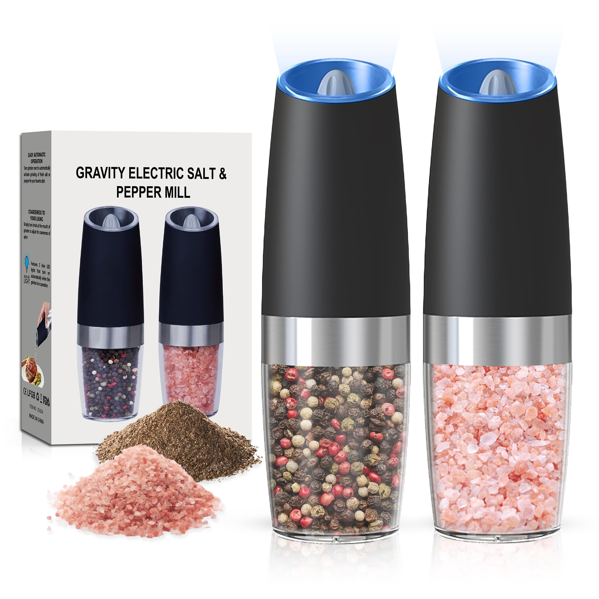 Gravity-Activated Electric Salt and Pepper Grinder Set,Grade ABS Construction, Easy-Clean Washable Hoppers, Ideal for Arthritis Users, 2 Pack, Black