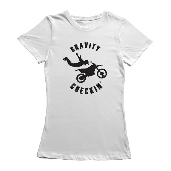 Gravity Checking Motorcycle Graphic Women White T-Shirt, Female XX-Large