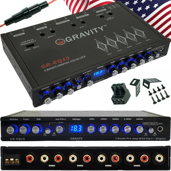 Gravity EQ15 1/2 Din 5 Band Car Audio Equalizer EQ Front, Rear + Sub Output 9V Bundle