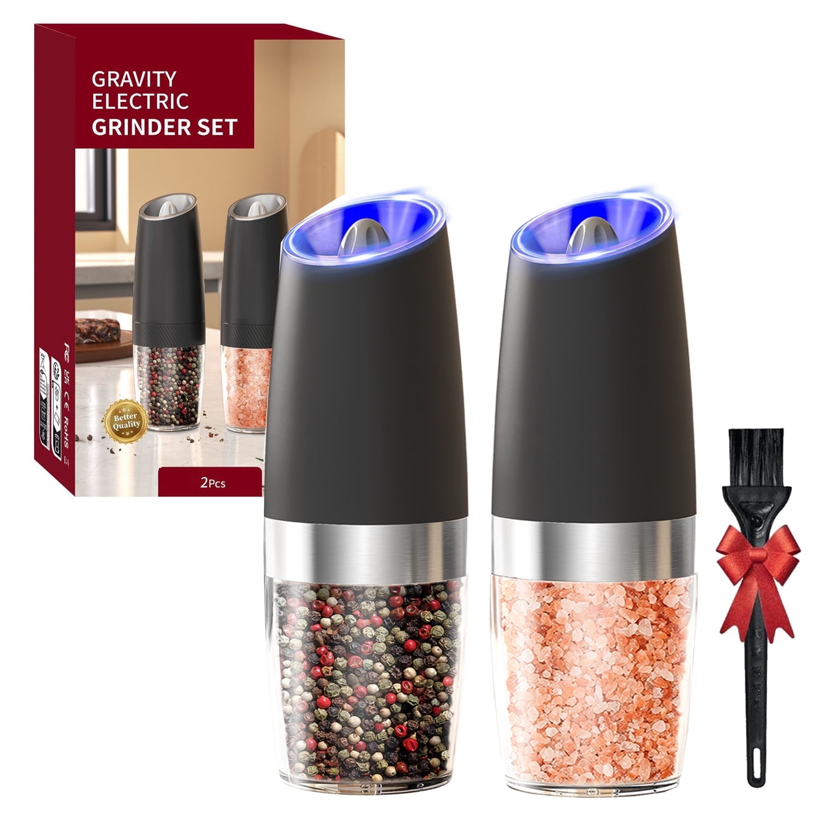 Gravity Electric Pepper & Salt Grinder Set (2 Pack) - Rechargeable, Adjustable, LED Light, One-Hand Operation