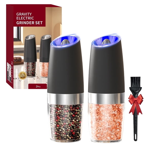 Gravity Electric Pepper and Salt Grinder Set 2 Pack, Adjustable Coarseness, Battery Powered with LED Light, One Hand Automatic Operation, Stainless Steel Black,