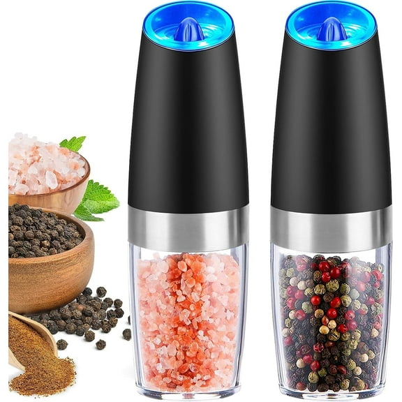 Gravity Electric Pepper and Salt Grinder Set, Adjustable Coarseness, Battery Powered with LED Light, One Hand Automatic Operation, Stainless Steel Black, 2 Pack