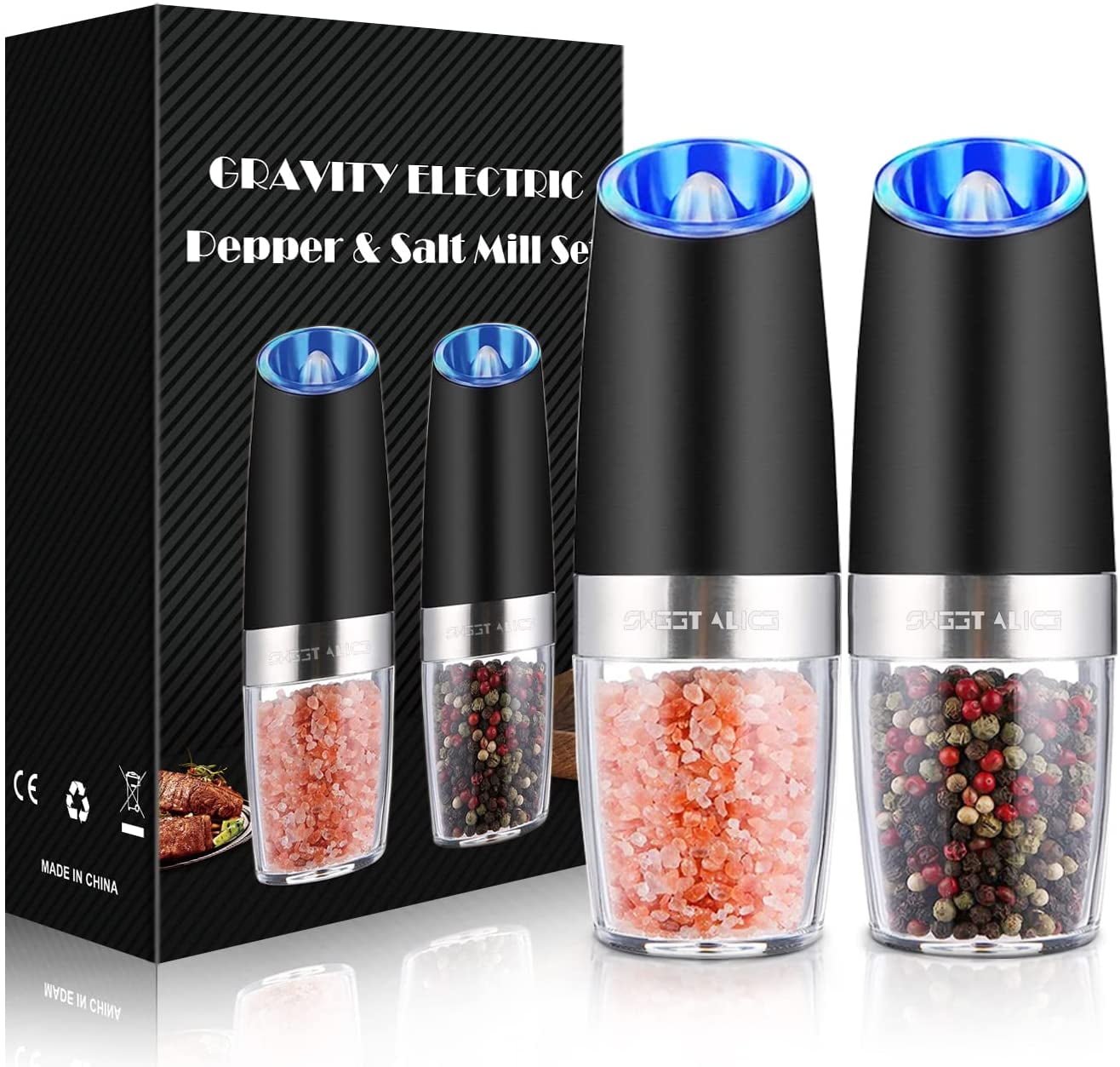 Gravity Electric Pepper and Salt Grinder Set, Adjustable Coarseness, Battery Powered with LED Light, One Hand Automatic Operation, Stainless Steel