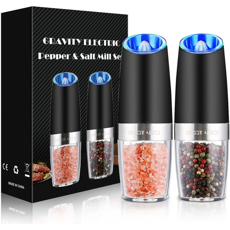 Gravity Electric Pepper and Salt Grinder Set, Adjustable Coarseness, Battery Powered with LED Light, One Hand Automatic Operation, Stainless Steel