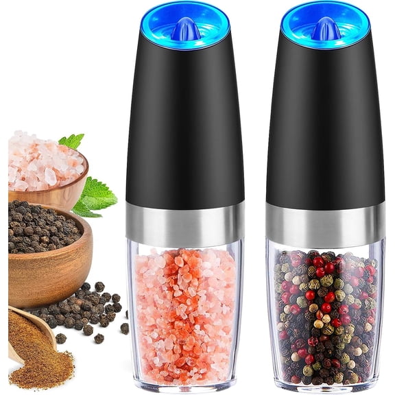 Gravity Electric Pepper and Salt Grinder Set -  Adjustable Coarseness - Battery Powered with LED Light - One Hand Automatic Operation - Stainless Steel Black