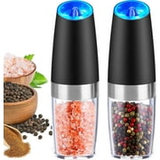Gravity Electric Pepper and Salt Grinder Set - Adjustable Coarseness - Battery Powered with LED Light - One Hand Automatic Operation - Stainless Steel Black