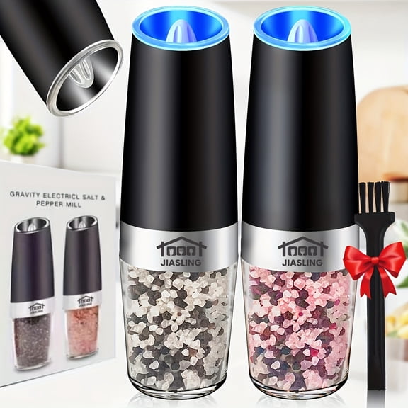 Gravity Electric Pepper and Salt Grinder Set, Adjustable Coarseness, Battery Powered with LED Light, One Hand Automatic Operation, Black -2 Pack
