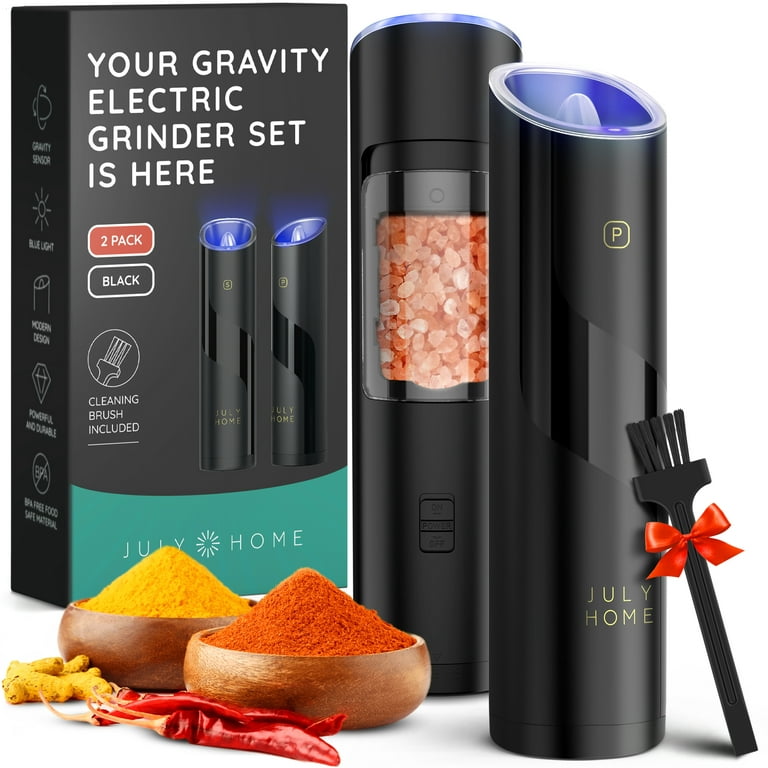 2 Pack Gravity Electric Salt, Pepper Grinder Set Automatic Pepper, Salt Mill Grinder Adjustable Coarseness, Color Black/White Swtroom