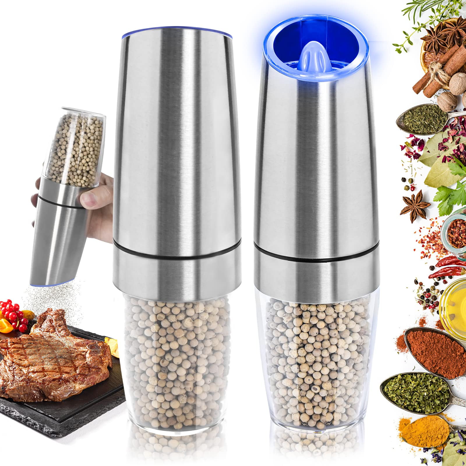 Gravity Electric Salt and Pepper Grinder Set, 2 Pack Automatic Salt and Pepper Grinder Set With