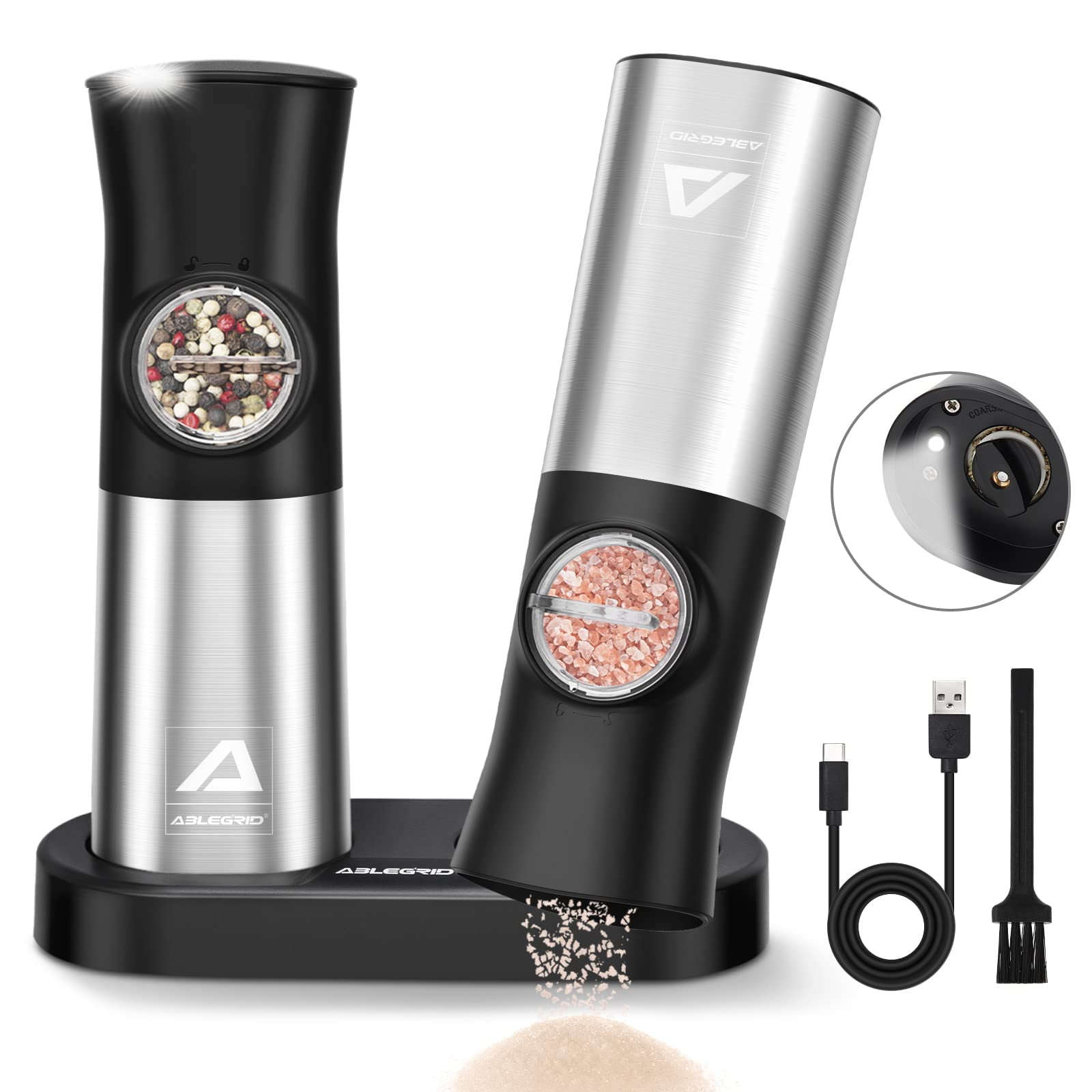 Tripumer Gravity Electric Pepper and Salt Grinder Set, Adjustable  Coarseness, Battery Powered with LED Light, One Hand Automatic Operation  2PACK (Black) 