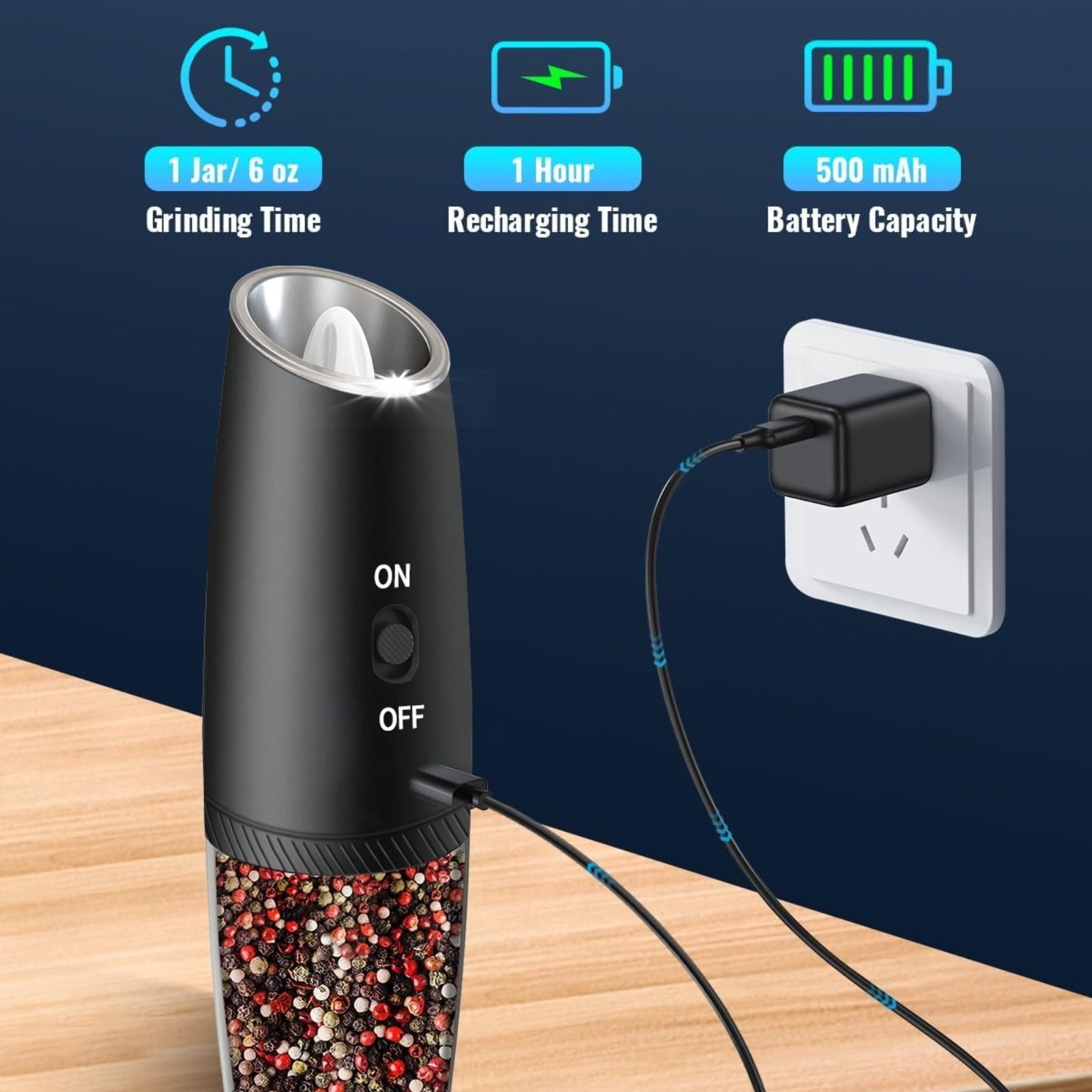 Gravity Electric Salt and Pepper Grinder Set, Adjustable Coarseness, No Batteries Needed, LED Light, One-Hand Automatic Operation, Black - Perfect Holiday Gift for Christmas.