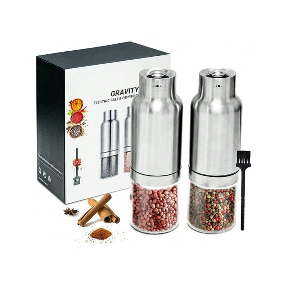 Gravity Electric Salt And Pepper Grinder Set - Automatic Pepper Or Salt Mill Shaker, Spice Grinder Battery-Operated With Adjustable Coarseness,One Hand Operated,Utility Brush,Premium Stainless Steel