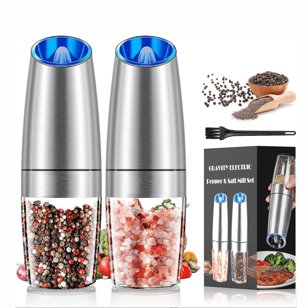Gravity Electric Salt and Pepper Grinder Set - Automatic Shakers Mill Grinder with LED Light - Battery Powered Adjustable Coarseness One Hand Operation - Upgraded Larger Capacity - Sliver