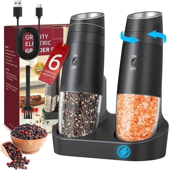 Gravity Electric Salt and Pepper Grinder Set Rechargeable Automatic Shakers Mill Grinder with LED Light, Adjustable Coarseness One Hand Operation, USB-C BatteryPowred, Gift for Home Chefs, 2 Pack